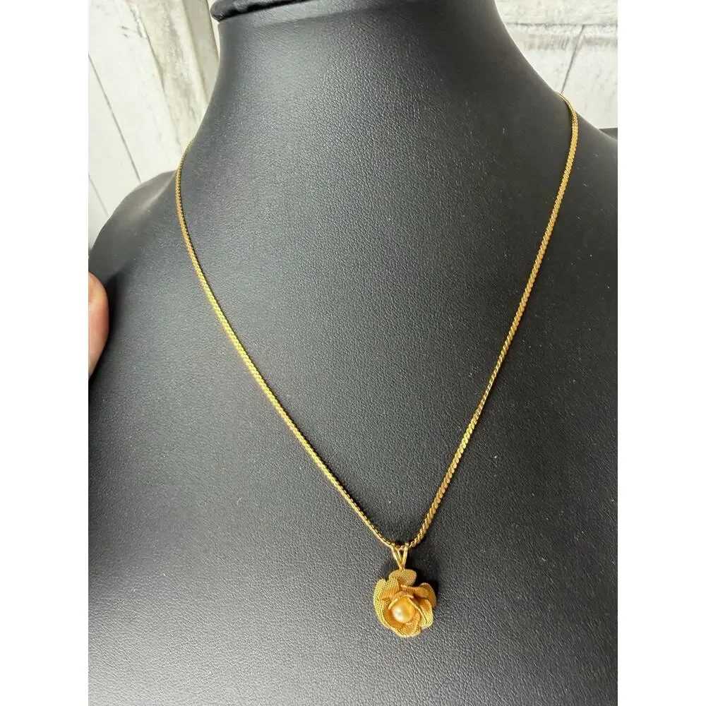 Vintage Rose Charm Dainty Floral Necklace Pearl Center Minimalist